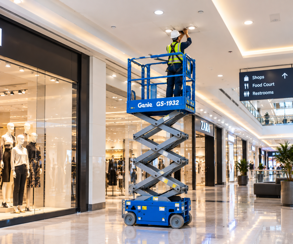 Electric scissor lift for airport and mall maintenance indoors