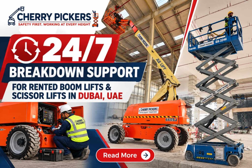 Cherry Pickers Equipment Rentals providing 24/7 breakdown support for rented boom lifts and scissor lifts in Dubai, UAE.