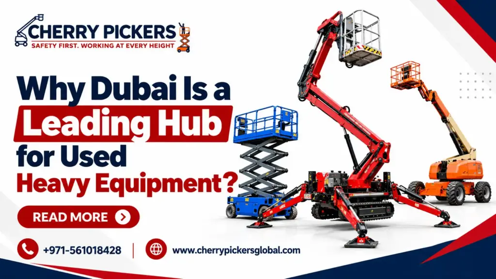 Used heavy equipment in Dubai featuring a spider lift, boom lift and scissor lift